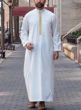 Muslim Men Robe男士长袍刺绣民族服饰迪拜阿拉伯长袍连体衣长衫