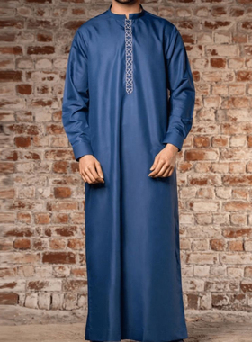 2025新款豪华男士长袍刺绣传统民族服饰连体衣大褂Men Thobe Gown