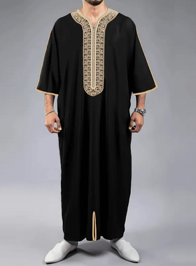 Muslim Men Robe Thobe男士绣花晨服长款长袍民族风休闲长衫