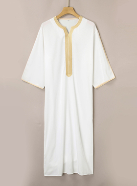 Muslim Men Thobe中东男士长袍白金刺绣摩洛哥长衫迪拜服饰礼拜服