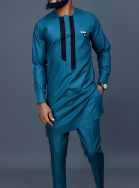 African Men 2 Piece Suit 非洲男士时尚宽松中长款上衣+裤子套装