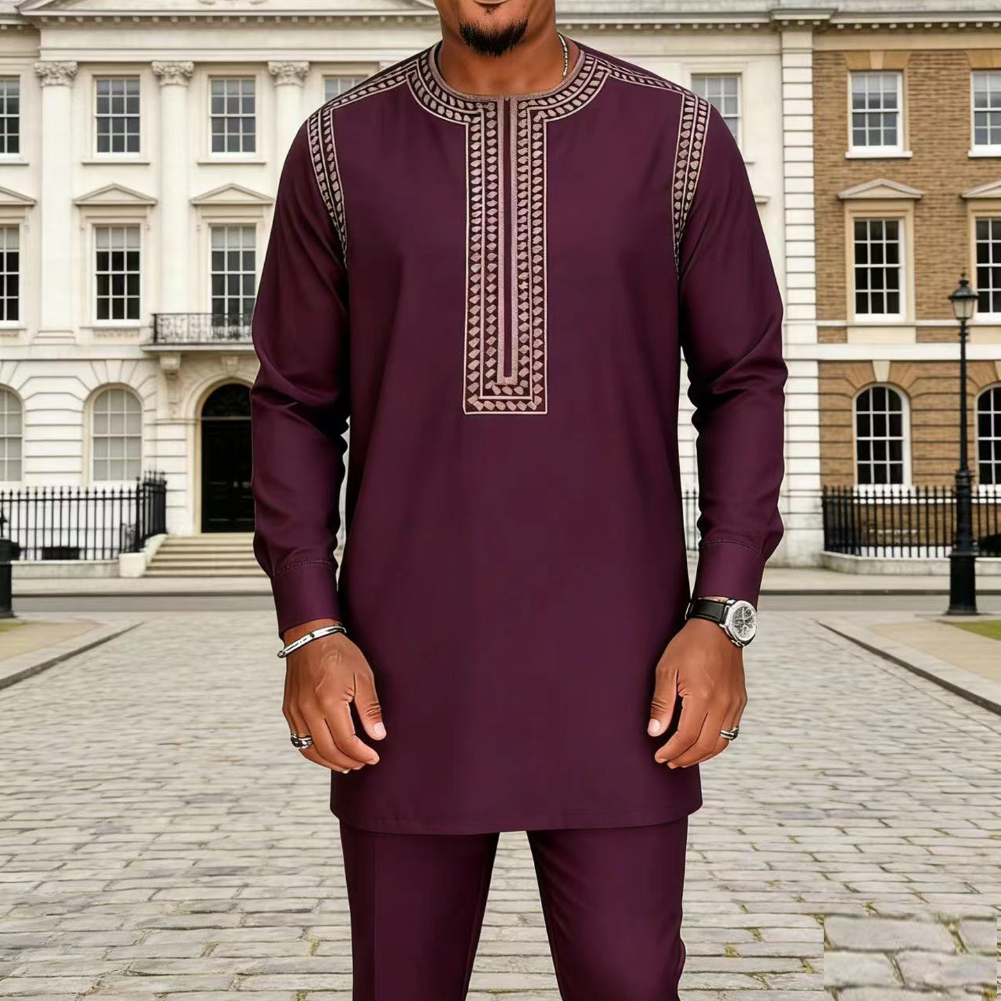 穆斯林男士圆领刺绣宽松礼服套装