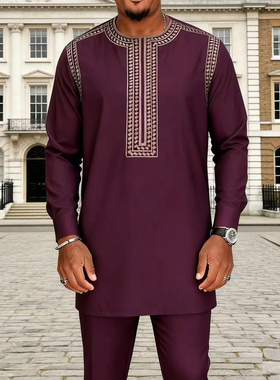 African Men Suits Set长袖刺绣奢华优雅礼服派对婚礼度假2件套