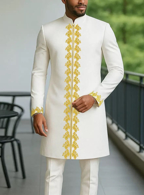 African Men 2PcSuits Muslim Sets非洲男士刺绣上衣裤子传统服装