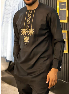 非洲休闲传统穆斯林礼服长袖衬衫裤子两件套装男士Kaftan Suit