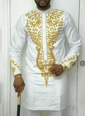 男士中东迪拜非洲猷长民族男士两件套装休闲服装刺绣衬衣裤子Suit