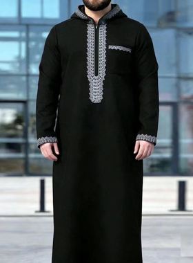 中东男士连帽长袍刺绣宽松长款礼拜服少数民族服装长衫Arab Robe