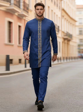 男士套装非洲服饰刺绣立领长袖长裤两件套民族风African 2PcsSet