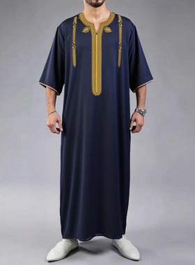 Muslim Arab Men Thobe阿拉伯中东长袍男士休闲刺绣民族服饰袍子
