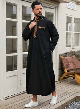 男士穆斯林连帽长袍中东迪拜宽松礼拜服刺绣男袍阿拉伯民族服饰