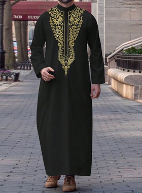 摩洛哥长袍男士绳绣非洲民族服饰迪拜阿巴亚男袍Muslim Arab Robe