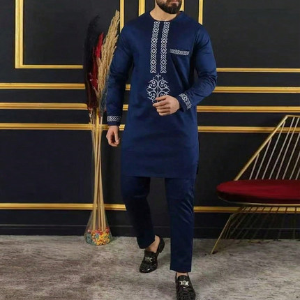 非洲男士套装刺绣两件套上衣长裤民族休闲风格婚礼服Kaftan Suit