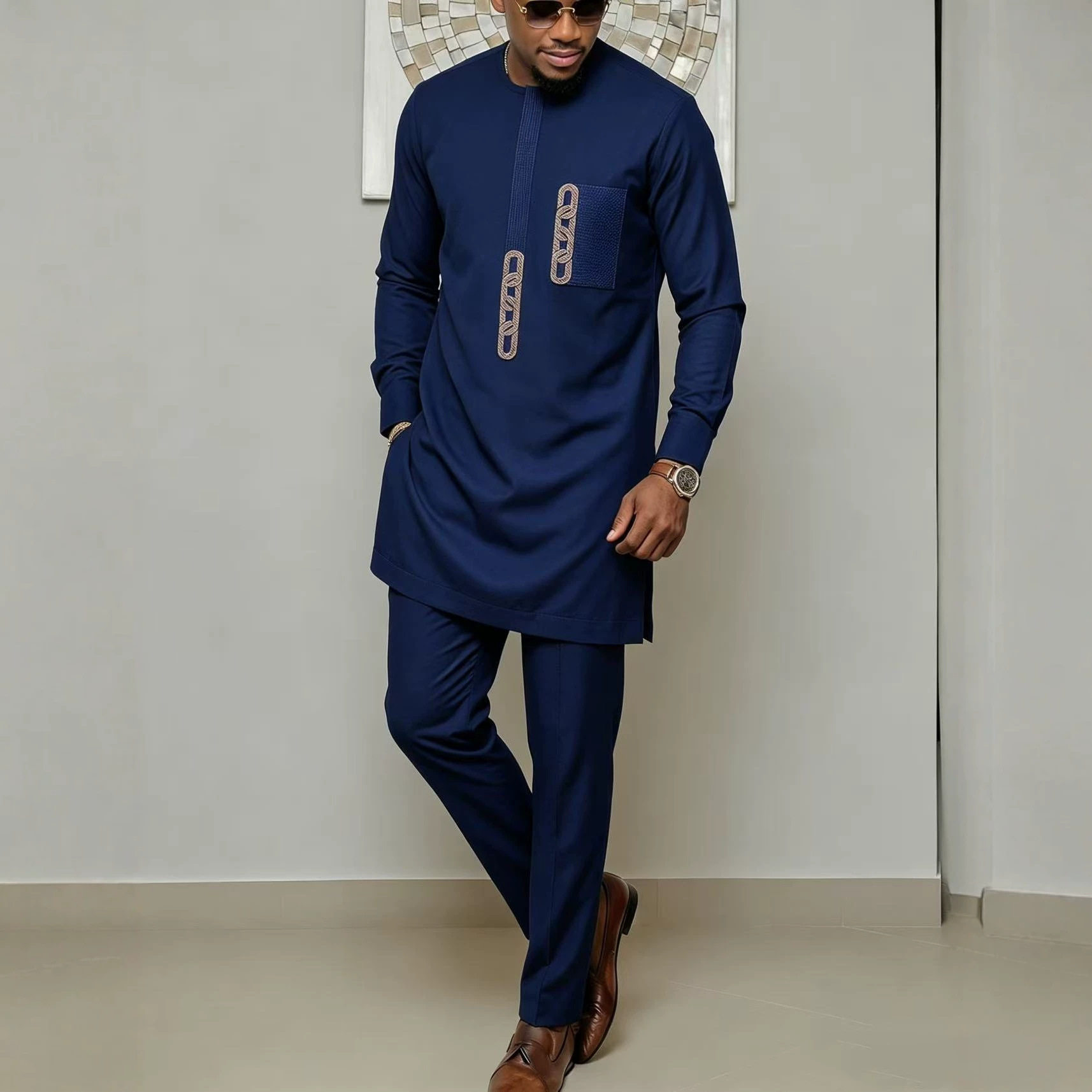 African Men 2pc Suit非洲男士聚会礼服刺绣传统服饰套装上衣裤子