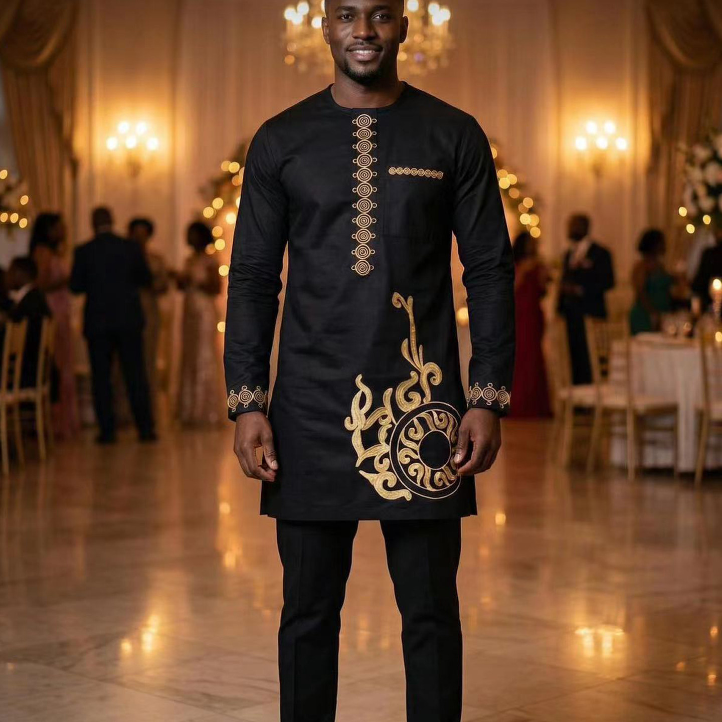 Kaftan African Men Suit非洲民族男刺绣衬衫裤子2件套传统礼服