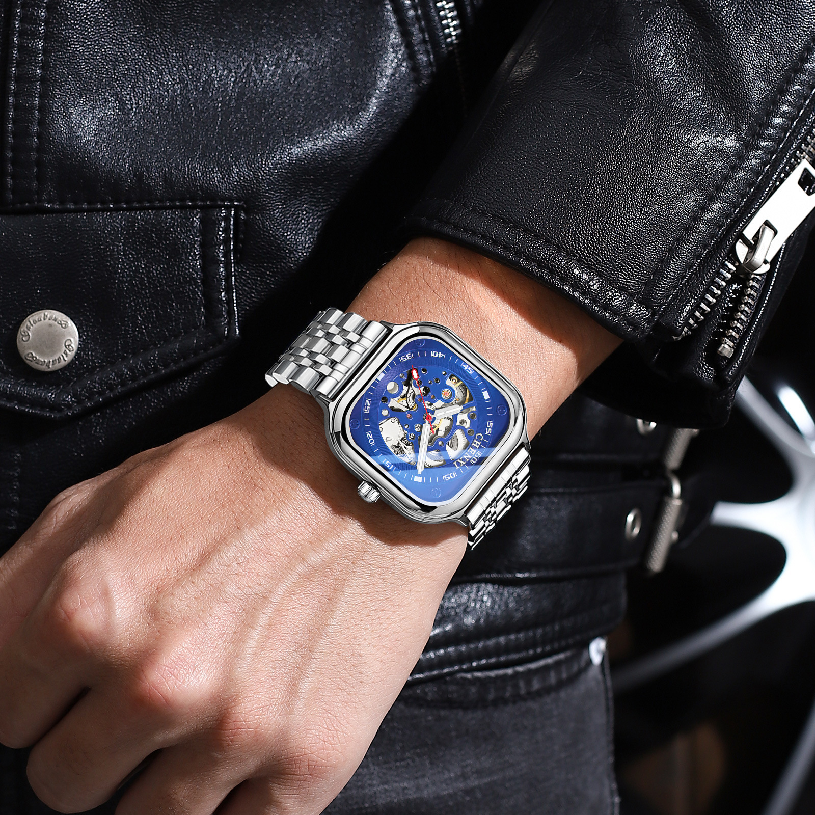 爆款方形时尚新款全自动机械表男士防水镂空机械手表男watch