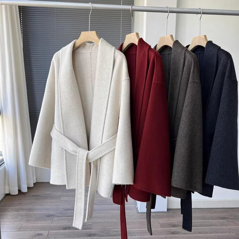 山羊绒天丝羊毛翻领系带收腰双面毛呢短款小个子大衣外套女25秋冬