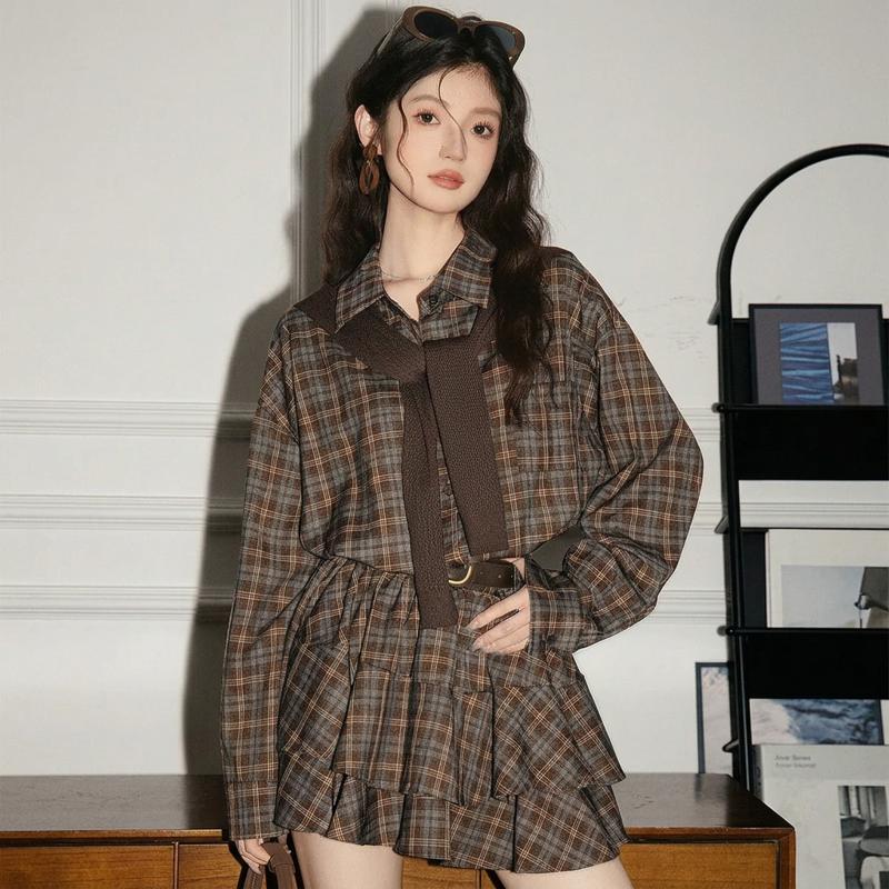 学院风气质格纹长袖衬衫裙女秋季新款收腰格子中长款衬衣