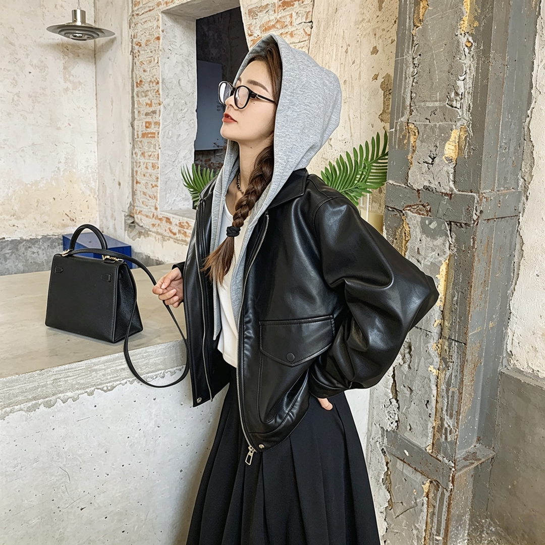皮衣外套女2026新款假两件连帽宽松休闲机车服小个子短款pu皮夹克