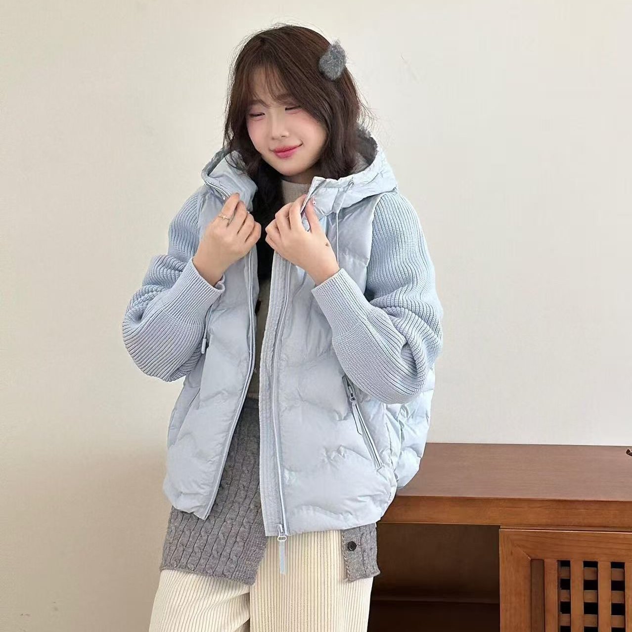 张贝贝同款印压毛线拼接羽绒服女棉衣外套甜美学院风保暖棉服