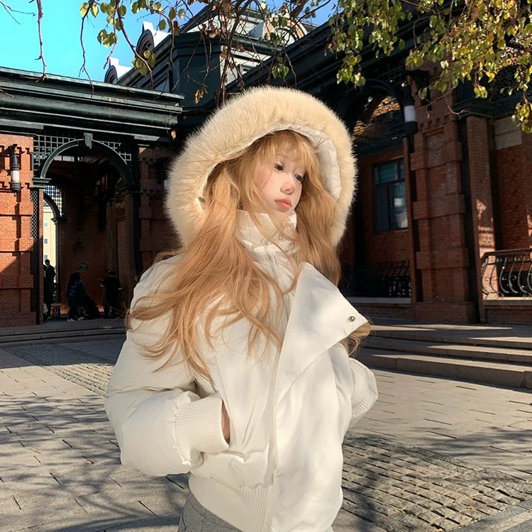 韩系复古藏青色毛领连帽收腰短款棉服女冬季新款防寒保暖棉袄外套