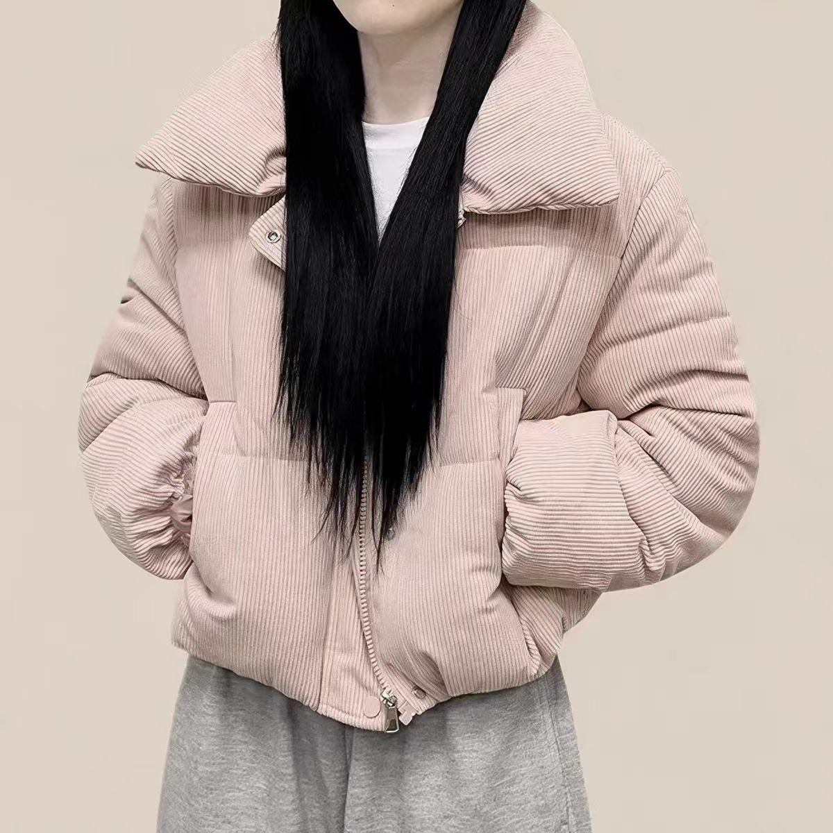 韩国外贸羽绒棉服灯芯绒外套冬季新款短款小个子加厚学生面包服女