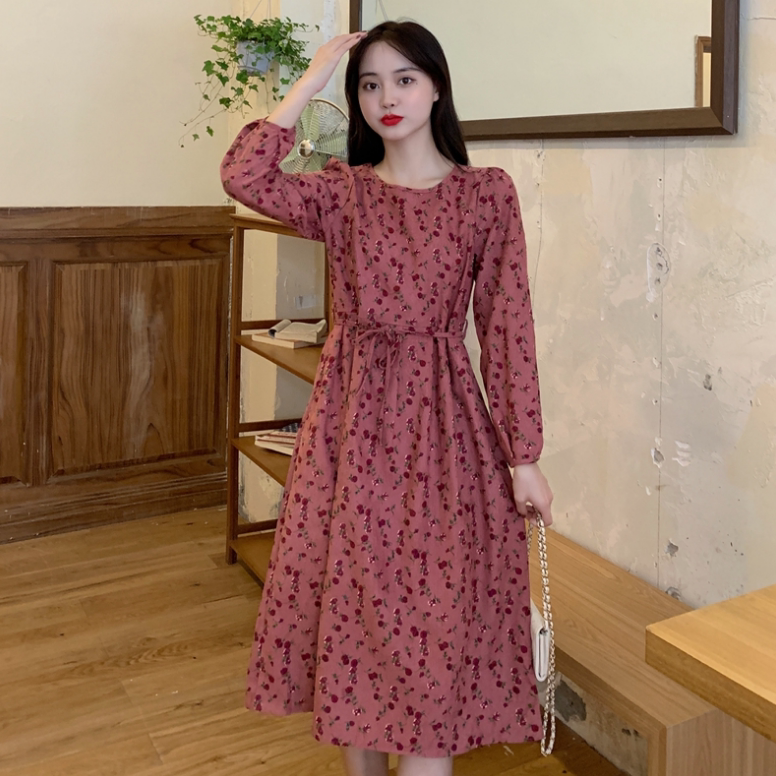 秋装实拍大码女装灯芯绒碎花遮胯长裙玫瑰花连衣裙