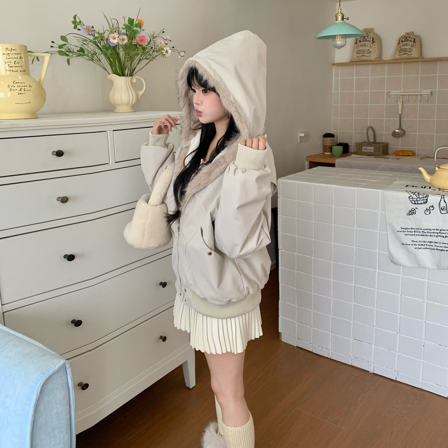 实拍复古短款座山雕女冬季加厚保暖毛领夹克棉服解构连帽棉衣外套