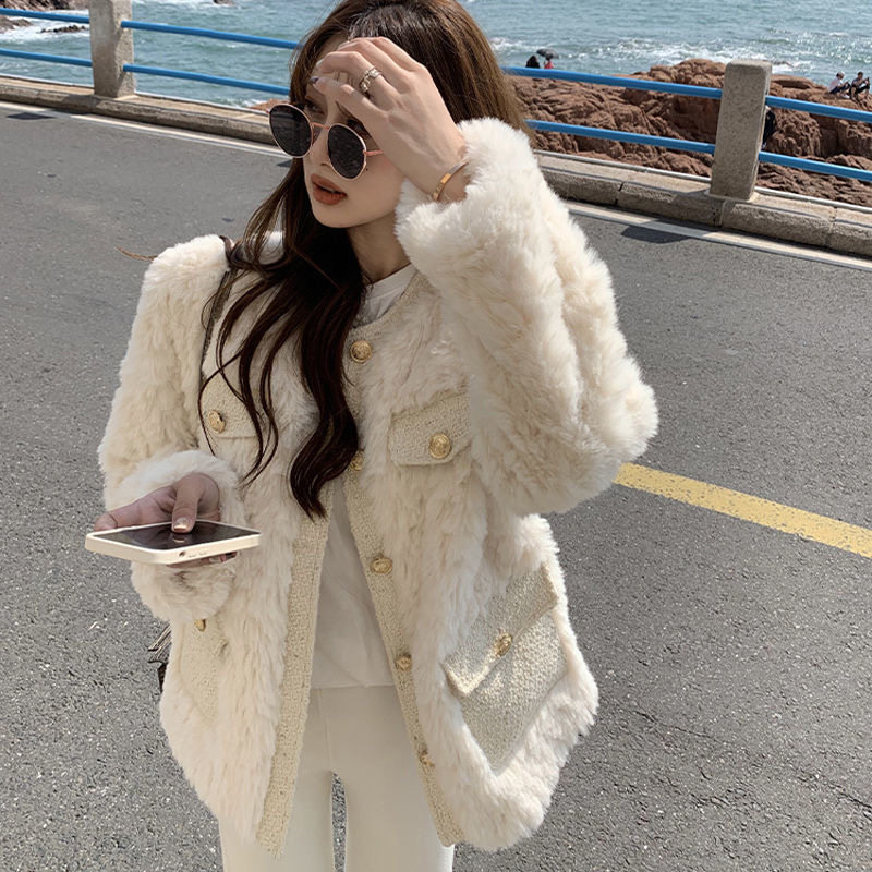 皮草小香风外套女冬天新款高级感可可仿兔毛大衣加厚圆领网红棉服