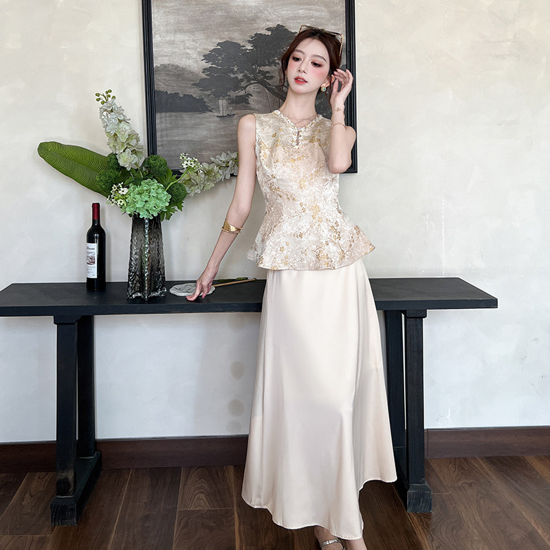木子李的李新中式高级缎面提花无袖收腰马甲上衣垂感半身裙套装夏