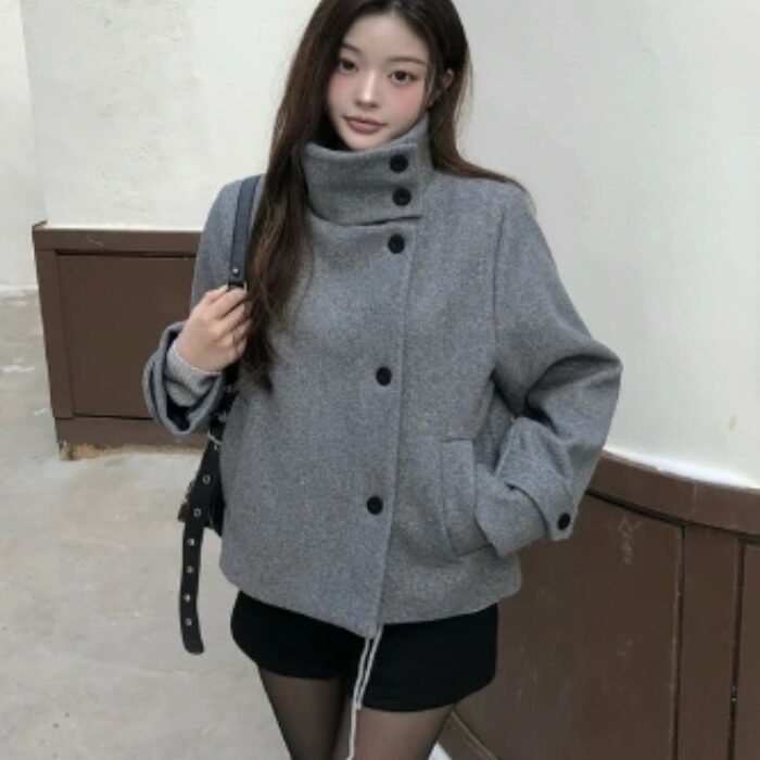 2026韩国chic冬季新款立领加棉加厚排扣保暖呢外套
