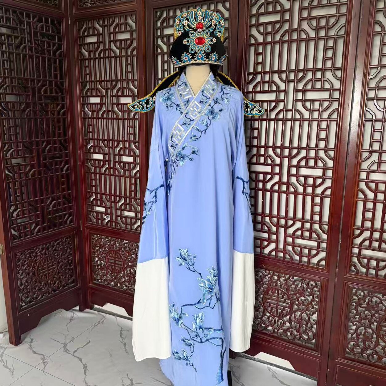戏剧古装越剧黄梅戏新款小生才子书生褶子演出服斜领玉兰花小生衣