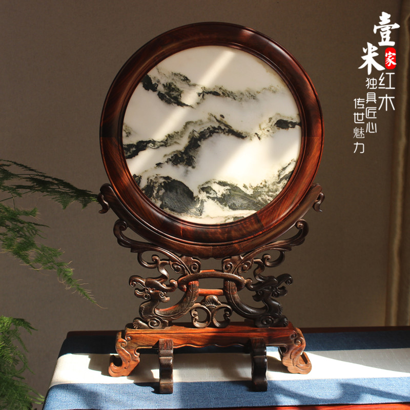 大红酸枝台屏实木插屏云石嵌古典