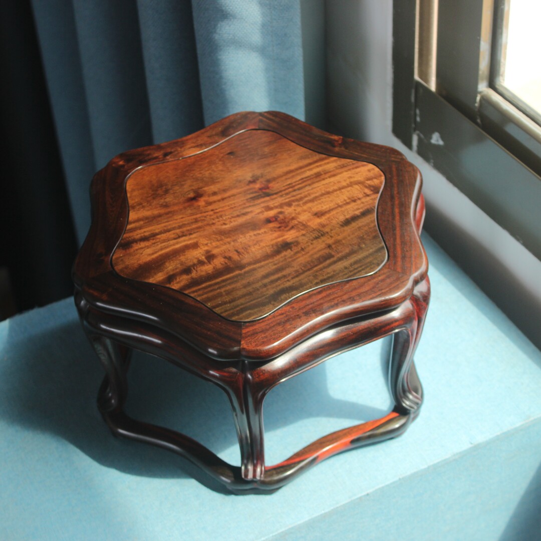 大红酸枝六足三弯腿葵花形雅几红木底座花架中式花瓶盆景托架置物