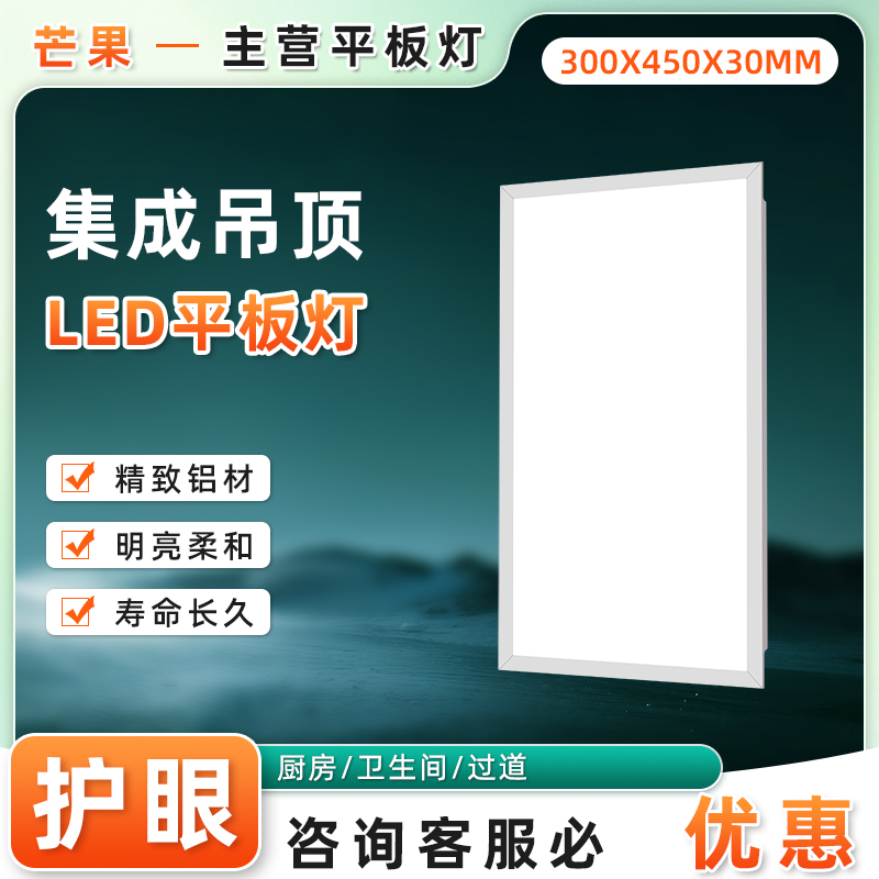 300x450集成吊顶灯嵌入式厨房卫生间客厅铝扣板led平板灯30x45cm