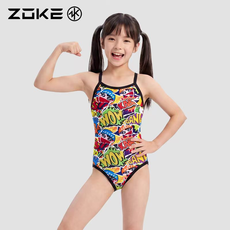 zoke洲克新款连体三角游泳衣女儿童专业训练竞赛速中国风动物卡通