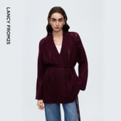 朗姿V领镂空钩织收腰针织开衫 新款 气质修身 通勤OL风毛衣2025冬季