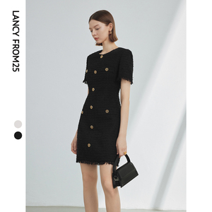 朗姿复古小香风法式流苏裙子女高级感气质2024夏新款黑白色连衣裙