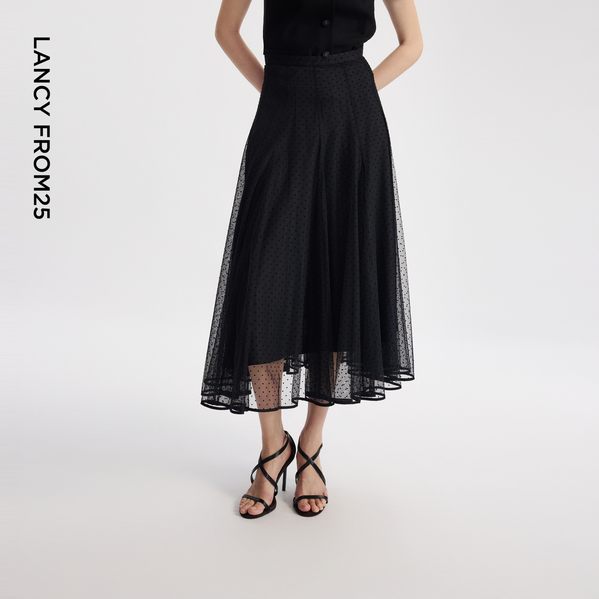 朗姿25复古波点气质高腰显瘦高级感裙子女夏季新款休闲黑色半身裙