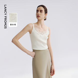 高级感百搭无袖 新款 上衣 双色吊带夏季 朗姿25v领蕾丝拼接修身