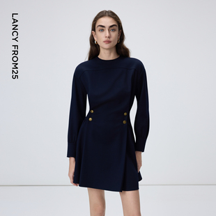 朗姿圆领收腰简约优雅A摆连衣裙轻职场气质裙子女2026年春季 新款