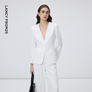 新款 朗姿二醋酸压褶V领西装 短外套商务通勤高级感上衣2026年春季