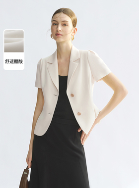 朗姿平驳领醋酸短袖商务西装外套黑白色ol西服2025年夏季新款