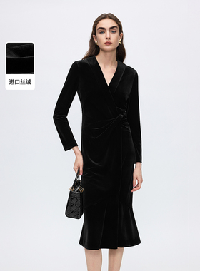 【焦点系列】朗姿V领丝绒礼服裙修身鱼尾连衣裙女2025冬季新款
