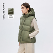 朗姿立领连帽无袖 直筒棉马甲通勤风气质简约百搭外套女2025年新款
