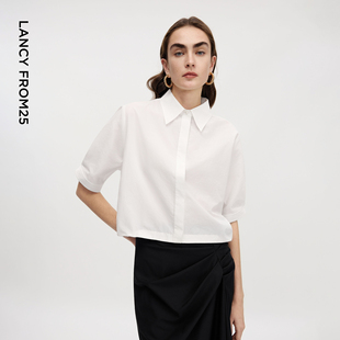 新款 百搭通勤风上衣女2026年夏季 衬衫 朗姿翻领宽松高智感白色短袖