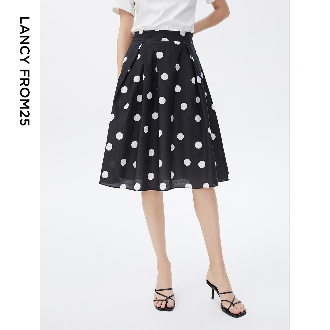朗姿棉质高腰黑色波点百搭半身裙