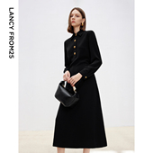 朗姿2025年秋季 连衣裙 设计感收腰衬衫 新款 黑色长裙高级感气质法式