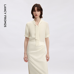 新款 高级感短上衣2026年夏季 白色衬衫 朗姿25桑蚕丝系带领H型短袖