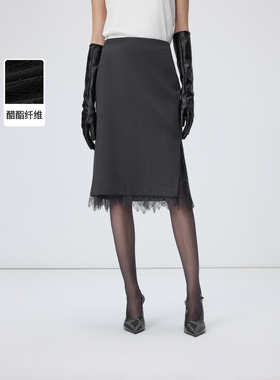 朗姿高智感黑色网纱蕾丝拼接半身裙绵羊毛裙子2026年春季新款
