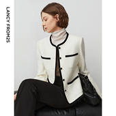 朗姿棉质2024年春季 女士上衣 外套长袖 新款 白色复古气质小香风短款